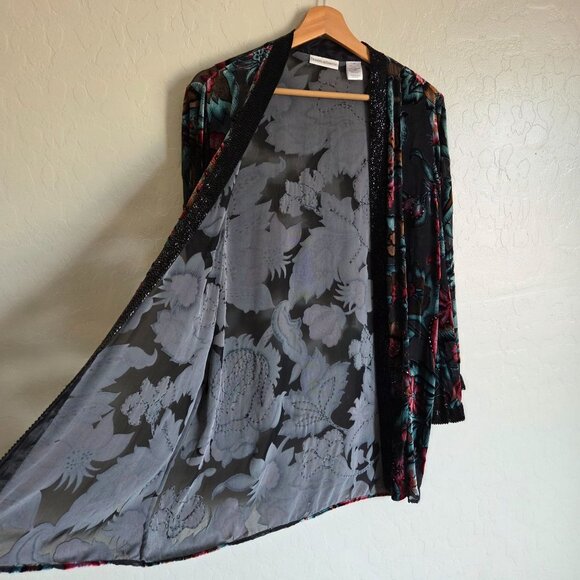 Drapers & Damons Velvet Burnout Beaded Floral Silk Cardigan Womens M Whimsigoth - Picture 7 of 12
